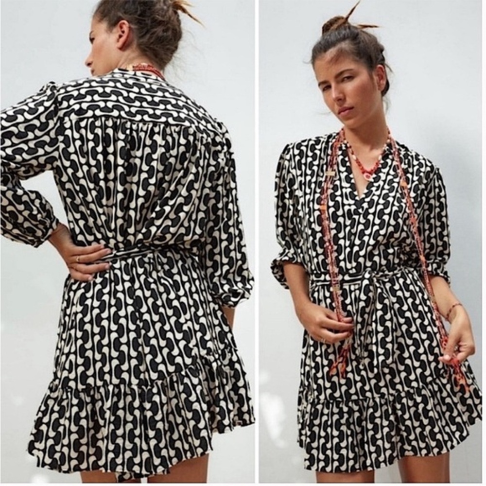 ZARA Dress The Paula Cream Black Geometric Print Size XS BLOGGER FAVORITE 🌼